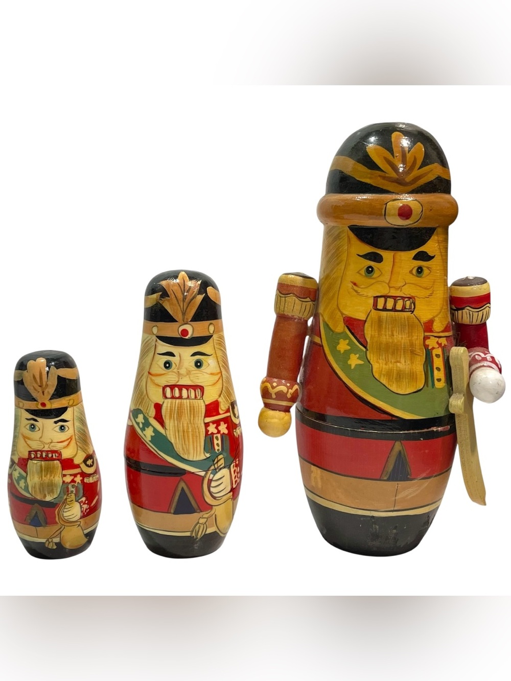 Vintage 1970s Hand-Painted Wooden Nutcracker Soldier Set of 3 Nesting Dolls